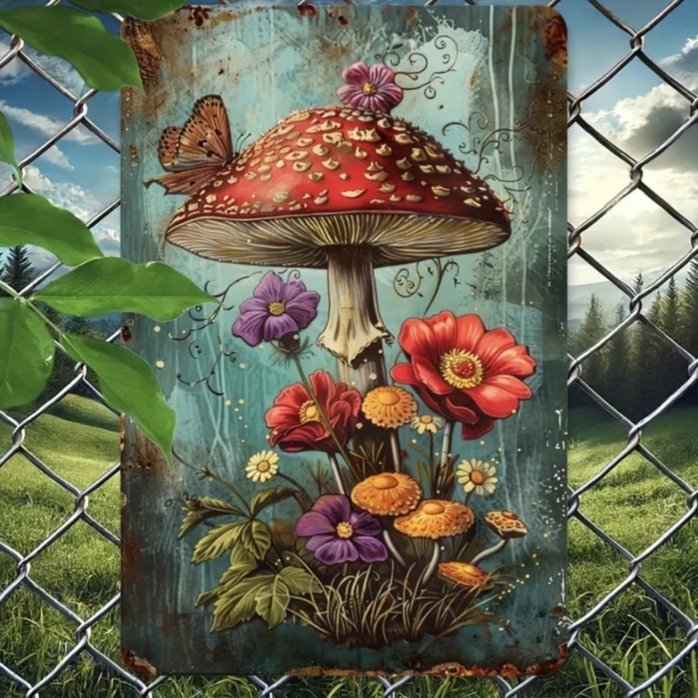 Mushroom & Floral Metal Sign 8x12 Vintage Style Metal Wall Hippie Art Gift Idea